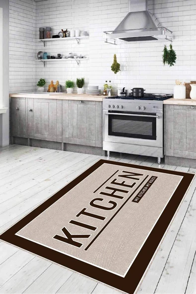 Bej Kaymaz Tabanlı Kitchen Yazılı Mutfak Halısı Yolluk VH098 ürün görseli 1