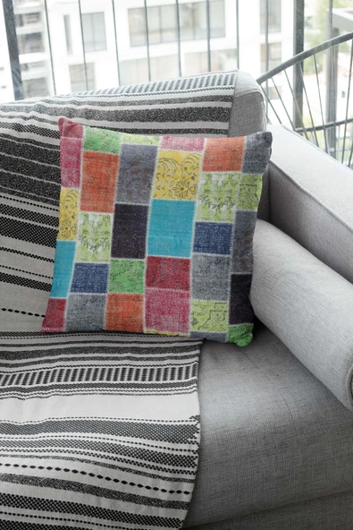 Çok Renkli Patchwork Çift Taraflı Kırlent Kılıfı KRL288 - Resim 2