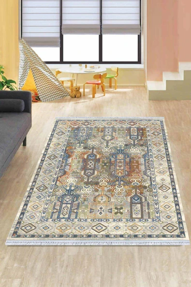 Çok Renkli Çerçeveli Dokuma Pamuk Taban Kaymaz Kilim KLM246 ürün görseli 1