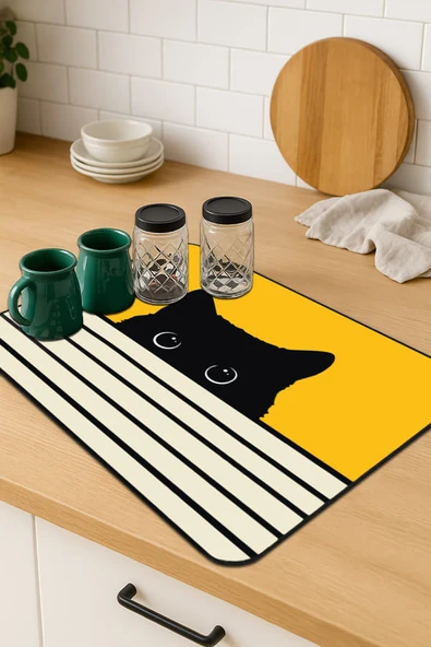 Sarı Kedi Temalı Microfiber Bulaşık Kurutma Matı MM015 ürün görseli 1