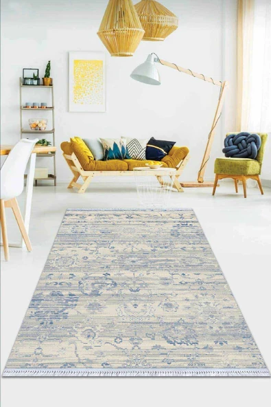 Mavi Vintage Dokuma Pamuk Tabanlı Kaymaz Kilim KLM345 ürün görseli 1