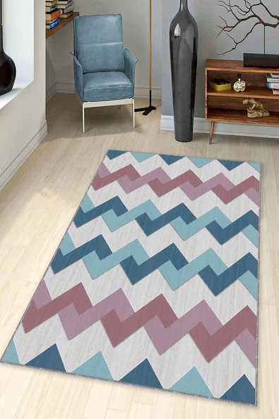 Pembe Turkuaz Zigzag Kaymaz Tabanlı Dekoratif Halı KN003 ürün görseli 1