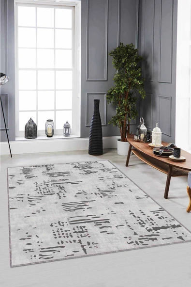 Gri Vintage Kaymaz Tabanlı Makinede Yıkanabilir Halı DR002 ürün görseli 1