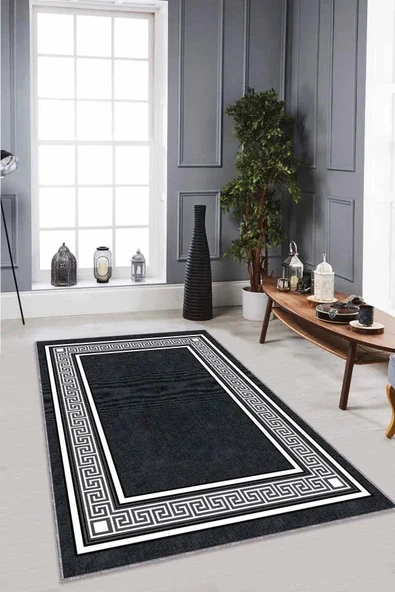 Antrasit Çerçeveli Kaymaz Tabanlı Dekoratif Halı RV030 ürün görseli 1