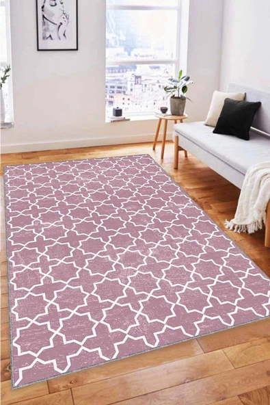 Pembe Spor Kaymaz Tabanlı Makinede Yıkanabilir Halı MO06 ürün görseli 1