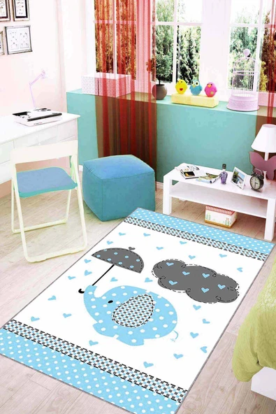 Mavi Kaymaz Tabanlı Filli Bebek Halıları Bebek Halısı KD20 ürün görseli 1