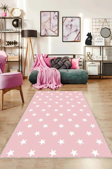 Pembe Yıldızlı Kaymaz Taban Makinede Yıkanabilir Halı YLD02 ürün görseli 1