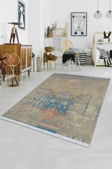 Toprak Modern Dokuma Pamuk Tabanlı Kaymaz Kilim KLM010 ürün görseli 1