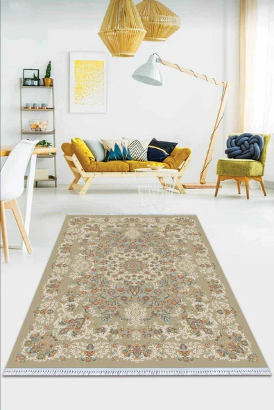Bej Modern Dokuma Pamuk Tabanlı Kaymaz Kilim KLM051 ürün görseli 1