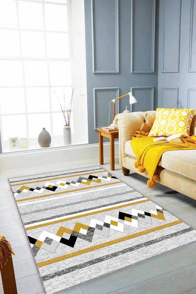 Sarı Zigzag Kaymaz Tabanlı Makinede Yıkanabilir Halı RT01 ürün görseli 1