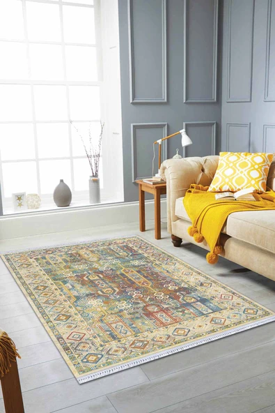 Çok Renkli Vintage Dokuma Pamuk Taban Kaymaz Kilim KLM247 ürün görseli 1