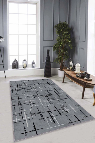 Gri Vintage Kaymaz Tabanlı Makinede Yıkanabilir Halı AR479 ürün görseli 1