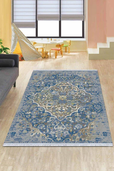 Mavi Klasik Göbekli Dokuma Pamuk Taban Kaymaz Kilim KLM162 ürün görseli 1