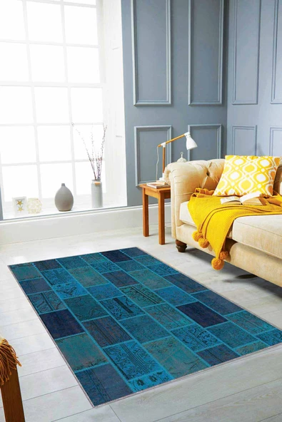 Turkuaz Patchwork Kaymaz Tabanlı Dekoratif Halı RV225 ürün görseli 1