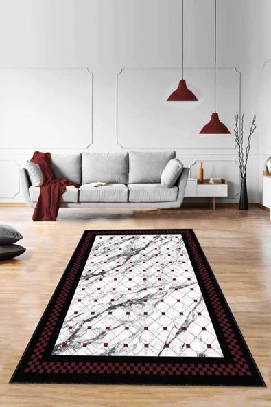 Bordo Geometrik Kaymaz Taban Makinede Yıkanabilir Halı RV145 ürün görseli 1