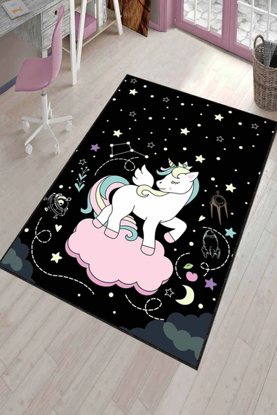 Siyah Kaymaz Tabanlı Yıkanabilir Unicorn Çocuk Halısı AR783 ürün görseli 1