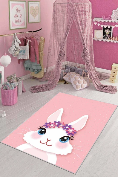 Pembe Yıkanabilir Kaymaz Tabanlı Tavşanlı Bebek Halısı AR088 ürün görseli 1