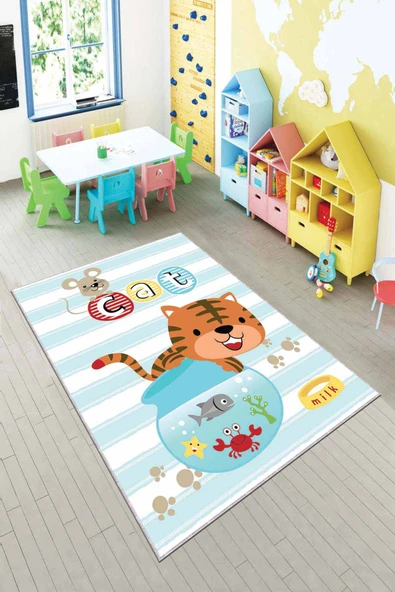 Mavi Kaymaz Tabanlı Yıkanabilir Kedili Bebek Halısı AR046 ürün görseli 1