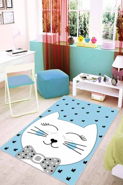 Mavi Kaymaz Tabanlı Yıkanabilir Kedili Bebek Halısı KD08 ürün görseli 1