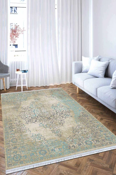 Mavi Klasik Göbekli Dokuma Pamuk Taban Kaymaz Kilim KLM073 ürün görseli 1