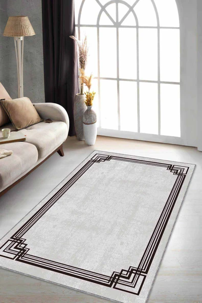 Bej Çerçeveli Kaymaz Tabanlı Makinede Yıkanabilir Halı RV075 ürün görseli 1