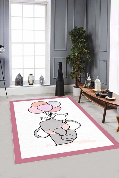 Pembe Kaymaz Tabanlı Yıkanabilir Filli Bebek Halıları AR771 ürün görseli 1