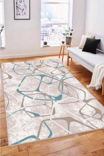 Turkuaz Geometrik Kaymaz Tabanlı Dekoratif Halı LK008 ürün görseli 1