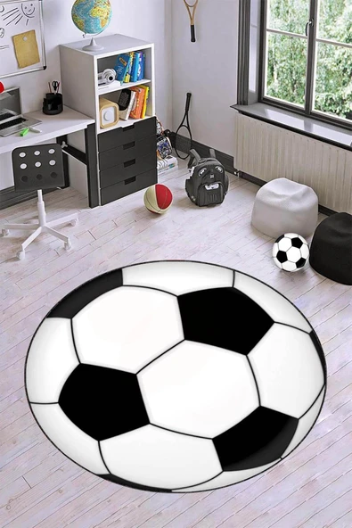 Siyah Ve Beyaz Kaymaz Yuvarlak Top Taraftar Halısı VH0082 ürün görseli 1