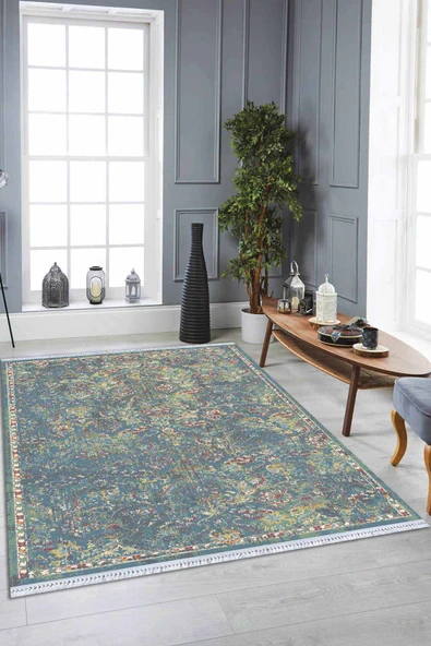 Mavi Vintage Dokuma Pamuk Tabanlı Kaymaz Kilim KLM335 ürün görseli 1