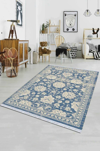 Eflatun Vintage Dokuma Pamuk Taban Kaymaz Kilim KLM122 ürün görseli 1