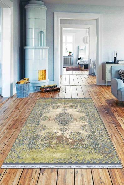 Yeşil Klasik Göbekli Dokuma Pamuk Taban Kaymaz Kilim KLM299 ürün görseli 1