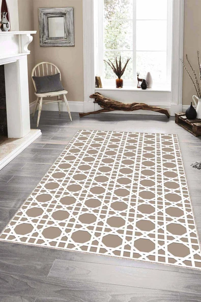 Bej Petek Kaymaz Tabanlı Makinede Yıkanabilir Halı LB004 ürün görseli 1