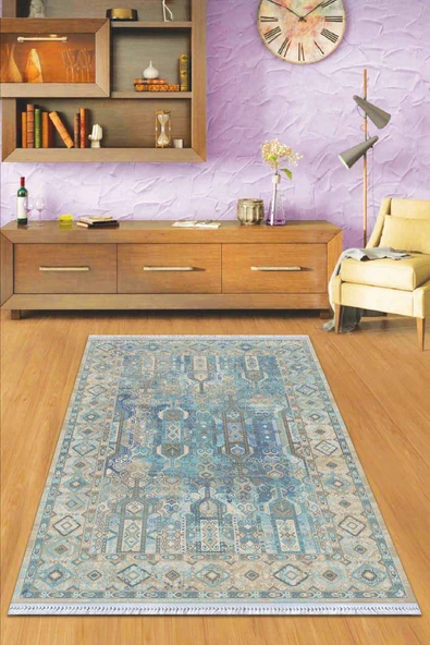 Mavi Vintage Dokuma Pamuk Tabanlı Kaymaz Kilim KLM248 ürün görseli 1