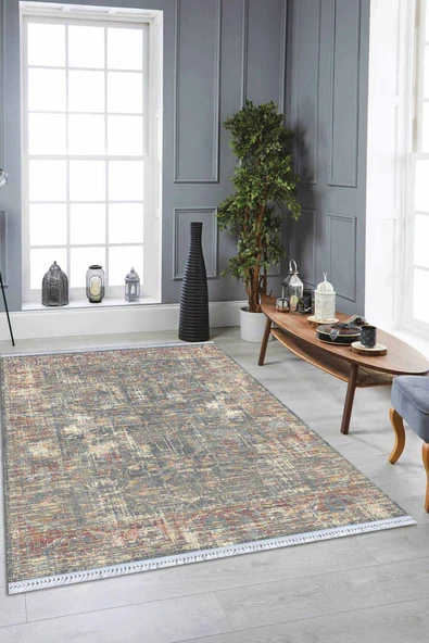 Çok Renkli Vintage Dokuma Pamuk Taban Kaymaz Kilim KLM348 ürün görseli 1