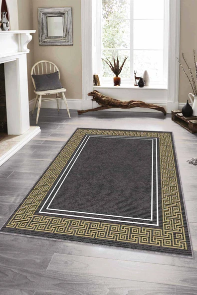Füme Gold Çerçeveli Kaymaz Tabanlı Dekoratif Halı RV044 ürün görseli 1