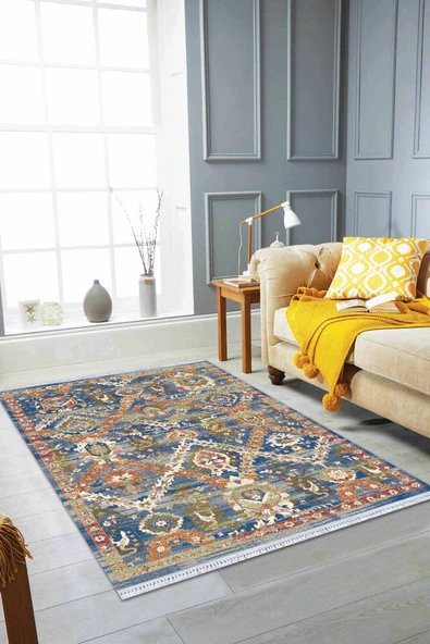 Çok Renkli Vintage Dokuma Pamuk Taban Kaymaz Kilim KLM275 ürün görseli 1