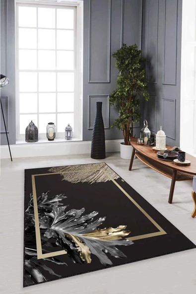 Siyah Gold Modern Klasik Kaymaz Tabanlı Dekoratif Halı RV355 ürün görseli 1