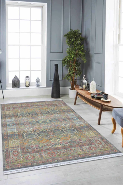 Çok Renkli Vintage Dokuma Pamuk Taban Kaymaz Kilim KLM178 ürün görseli 1
