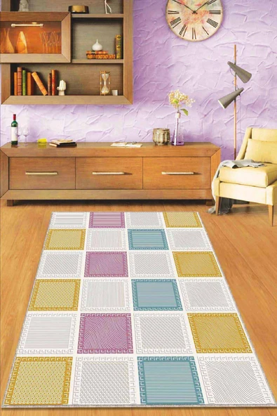 Sarı Pembe Geometrik Kaymaz Tabanlı Dekoratif Halı DM004 ürün görseli 1
