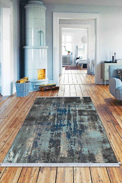 Mavi Spor Desen Dokuma Pamuk Taban Kaymaz Kilim KLM053 ürün görseli 1
