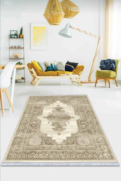 Bej Klasik Göbekli Dokuma Pamuk Taban Kaymaz Kilim KLM363 ürün görseli 1