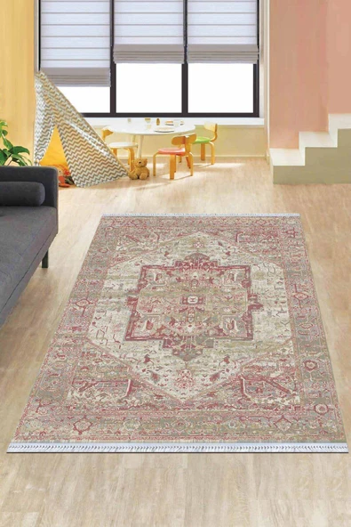 Pembe Klasik Göbekli Dokuma Pamuk Taban Kaymaz Kilim KLM083 ürün görseli 1