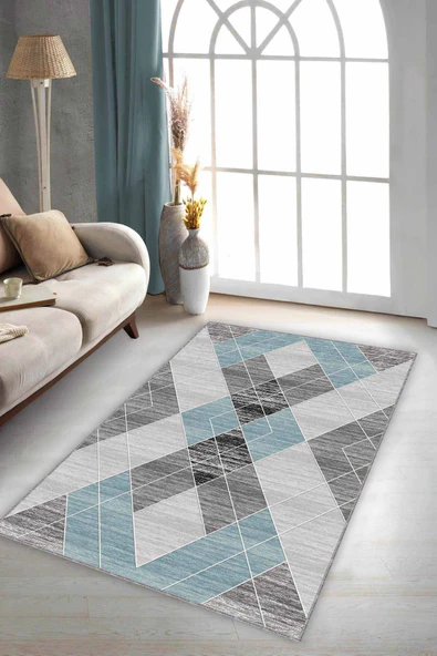Turkuaz Geometrik Kaymaz Tabanlı Dekoratif Halı DD005 ürün görseli 1