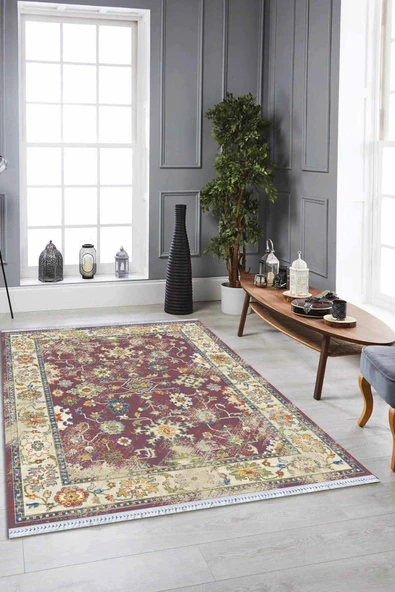 Bordo Çerçeveli Dokuma Pamuk Taban Kaymaz Kilim KLM033 ürün görseli 1
