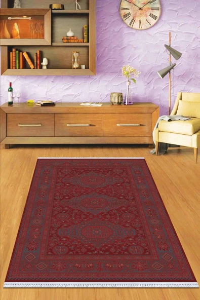 Bordo Yöresel Dokuma Pamuk Tabanlı Kaymaz Kilim KLM323 ürün görseli 1