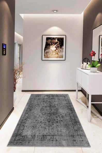 Gri Vintage Kaymaz Tabanlı Makinede Yıkanabilir Halı RV277 ürün görseli 1
