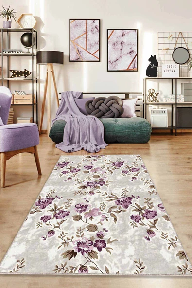 Mürdüm Çiçekli Kaymaz Tabanlı Makinede Yıkanabilir Halı BH05 ürün görseli 1