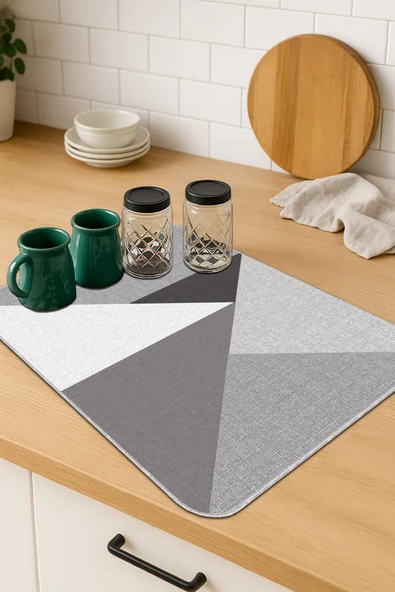 Gri Geometrik Microfiber Bulaşık Kurutma Kurulama Matı MM006 ürün görseli 1