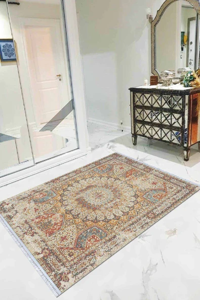 Renkli Klasik Göbekli Dokuma Pamuk Taban Kaymaz Kilim KLM090 ürün görseli 1