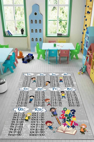 Gri Kaymaz Tabanlı Çarpım Tablolu Eğitici Çocuk Halısı KD124 ürün görseli 1